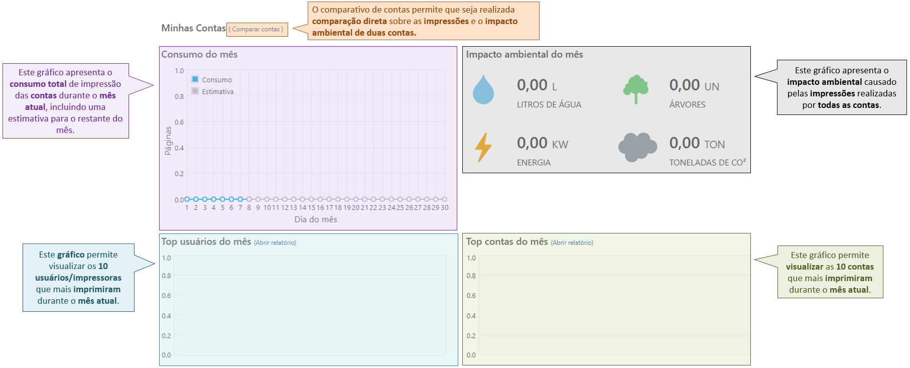 Esta imagem apresenta gráficos sobre as impressões das contas, o impacto ambiental causado por elas, bem como os maiores consumos do mês.