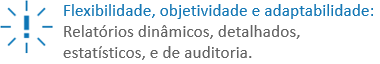 Flexibilidade, objetividade e adaptabilidade - Relatórios dinâmicos, detalhados, estatísticos e de auditoria.