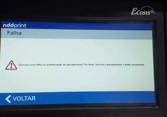 Ocorreu uma falha na autenticação do equipamento. Por favor reinicie o equipamento e tente novamente