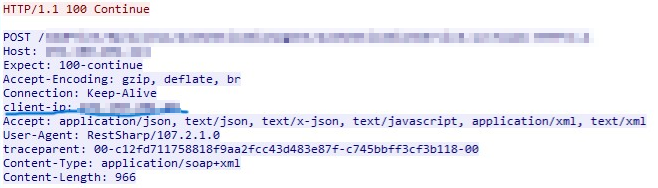 Cabeçalho da chamada HTTP